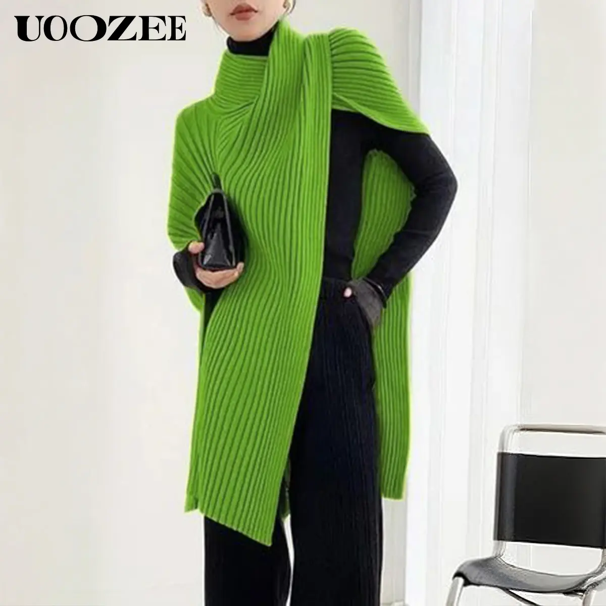 UOOZEE Women's 2025 New Autumn Winter Plus Size Nylon Solid Long Sleeve High Neck Turtleneck Pullover - Non-Button, Draped, Full-Length, Comfortable, Long-Neck, Loose Asymmetric Split-Joint Basic Breathable Elastic Casual Knitwear Top, Non-Button Women's