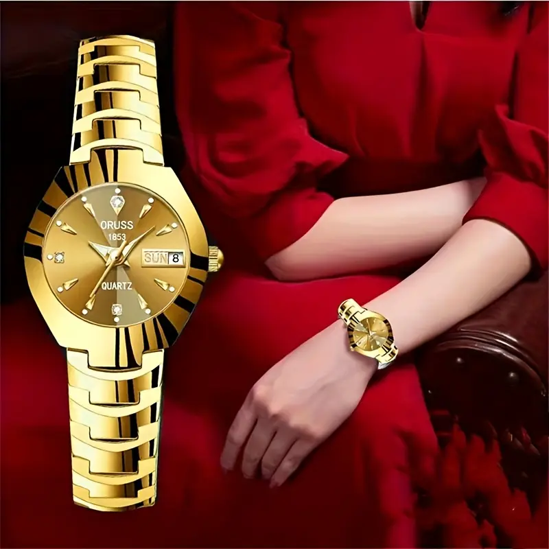 Women's Fashion Anti-Luminous Dial Watch Steel Strap Dual Calendar Display Elegant Casual Watch for Girls