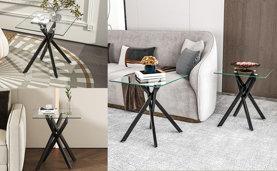 2-Piece Square Tempered Glass Side Table | 17.72" Clear End Tables set of 2 with Golden/Black/Silver Legs for Sofa/Bedroom