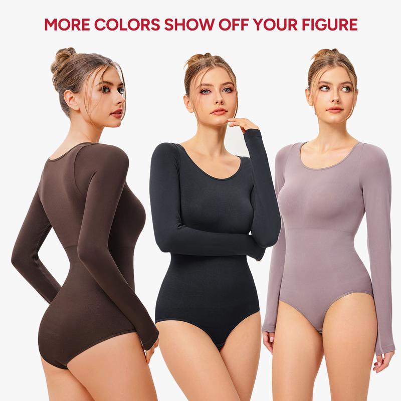 Nebility Women's Seamless Round Collar Long Sleeve Bodysuit Basic Stretch Jumpsuit Minimalist Plain Shapewear Womenswear