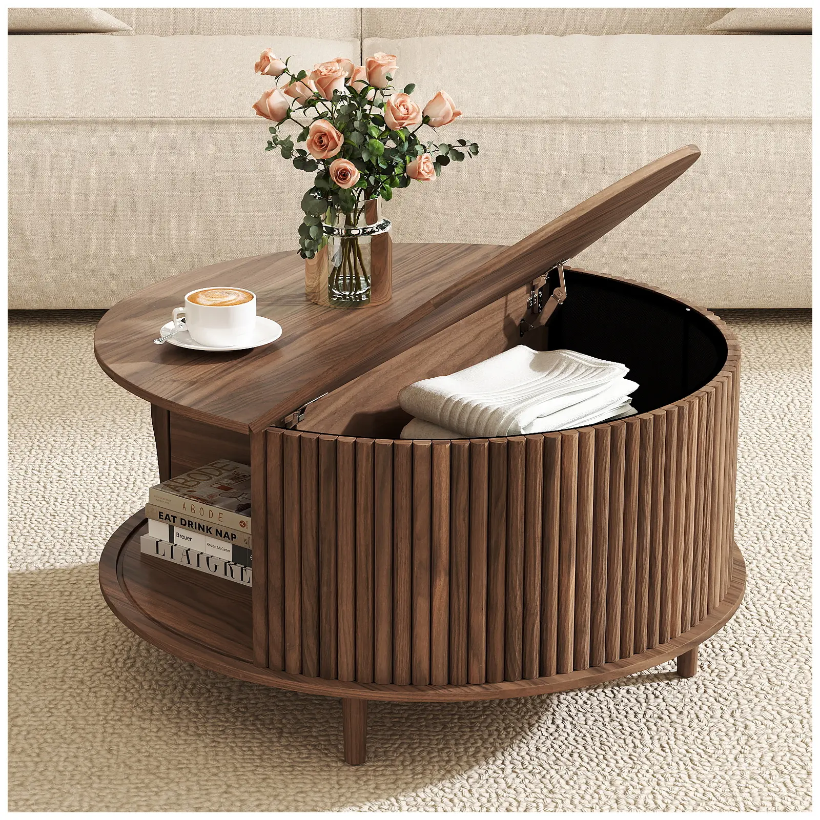 Mid-Century Modern Coffee Table with Storage - 31.5" Walnut Sliding Door Center Table for Small Spaces,dorm essentials,home decor