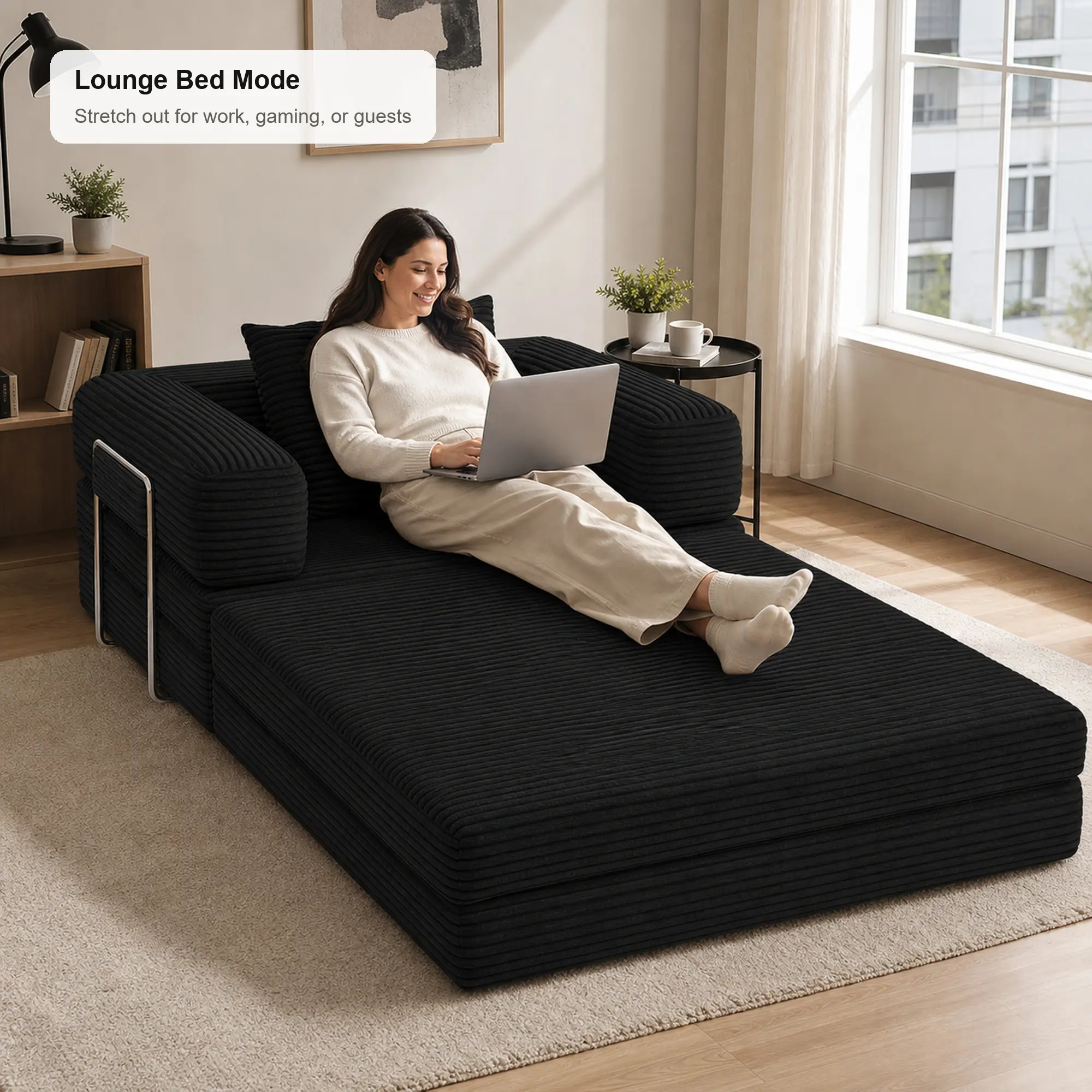 3-in-1 Foldable 2-Seat Textured Ribbed Plush Sofa Bed Couch - No-Assembly Compression Sleeper with Pillow, Space-Saving Modular Storage Lounge, Modern Boneless U-Shaped Deep Minimalist Indoor Apartment Furniture