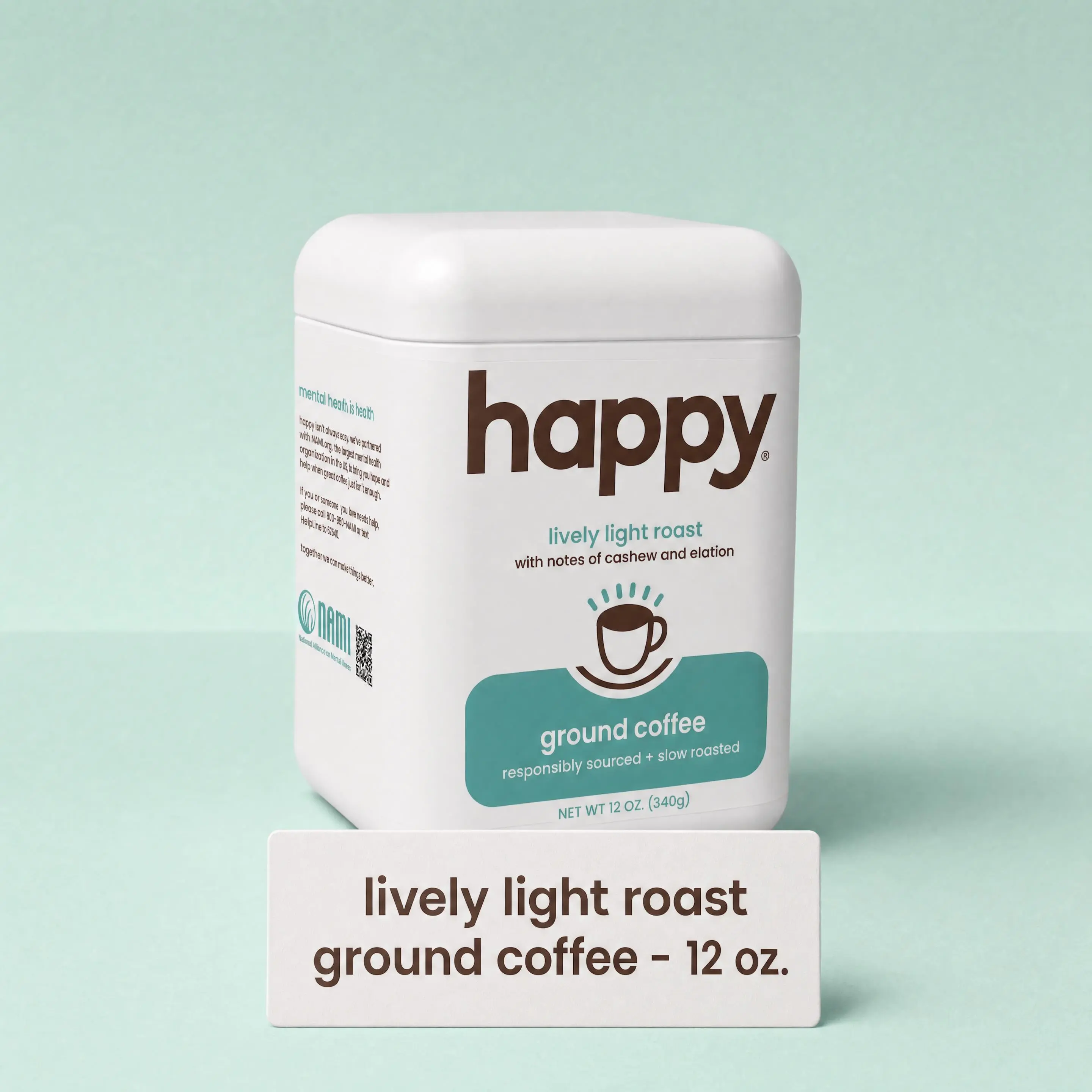Happy Lively Light Roast Ground Coffee 12 oz with notes of cashew and elation