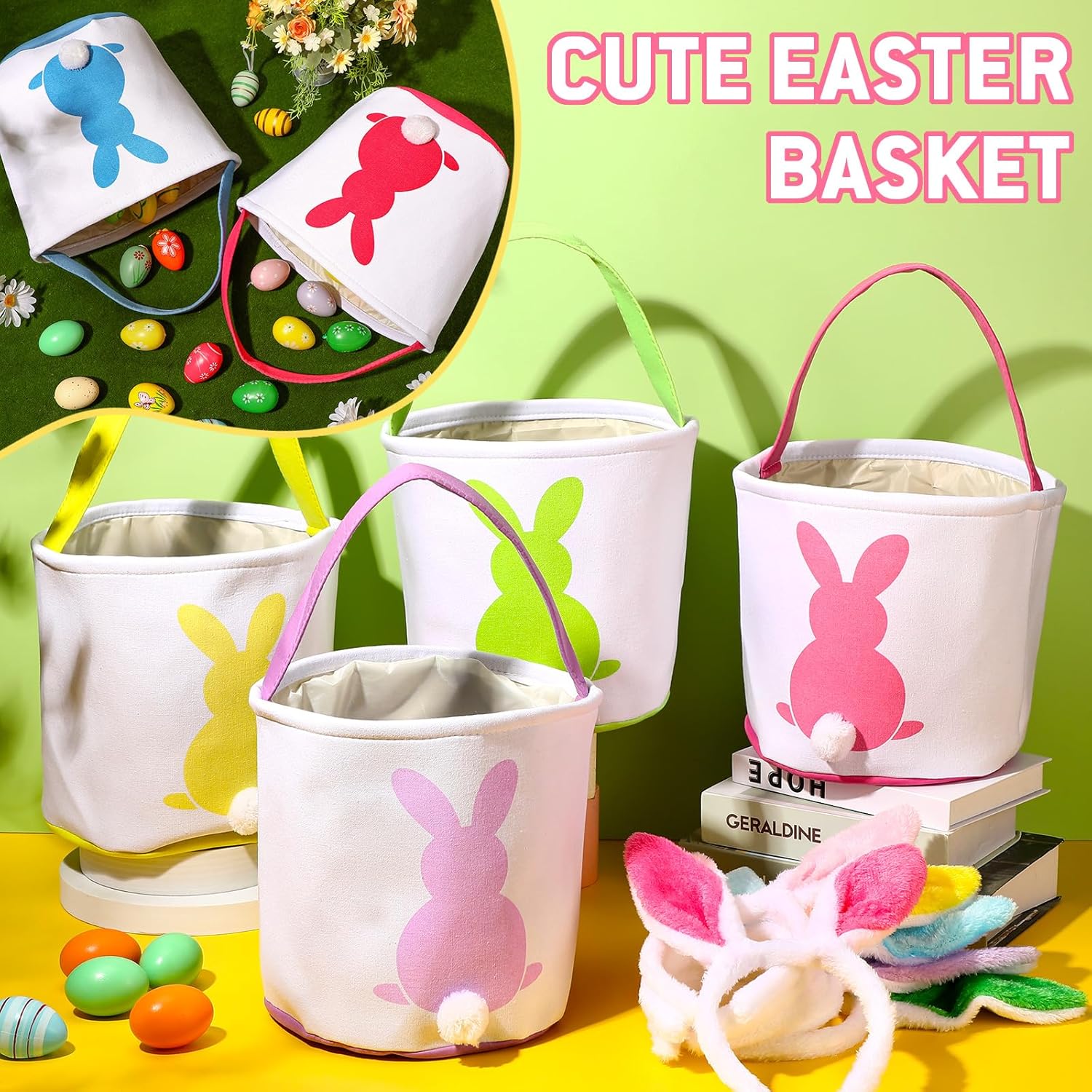 4/6 Pcs Easter Bunny Basket Easter Gift Bags Reusable Totes Bags Easter Eggs Basket for Egg Hunt,Easter Gift buckets for Student Adult Office Employee Coworker,Outdoor Church School Classroom Decorations,Spring Birthday Party Supplies