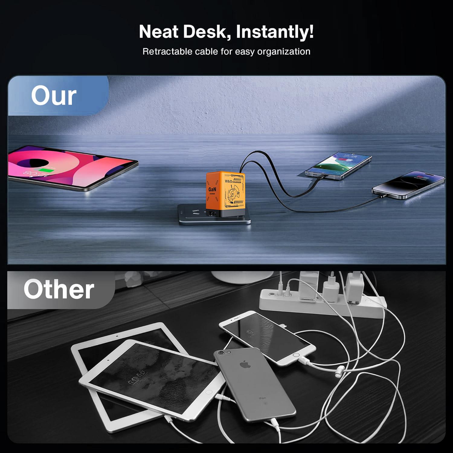 W&O Retractable Travel Charger with Dual Cables GaN Fast Charging Wall Plug for iPhone Galaxy Android Series with Type-C & Lightning Cables W&O Retractable Travel Charger with Dual Cables GaN Fast Charging Wall Plug for iPhone Galaxy Android Series with Type-C & Lightning Cables