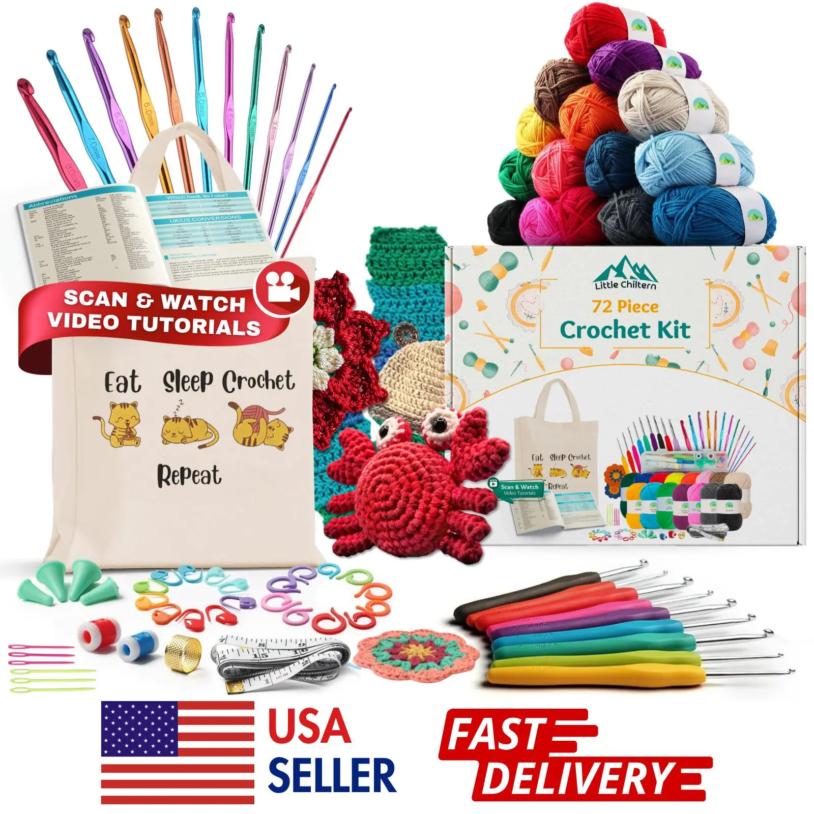 72-Piece Unisex Crochet Starter Kit for Beginners - 21 Ergonomic Hooks, 15 Acrylic Yarn Colors, Stitch Markers, All-in-1 DIY Hobbies Kit Adults, Handmade Gifts