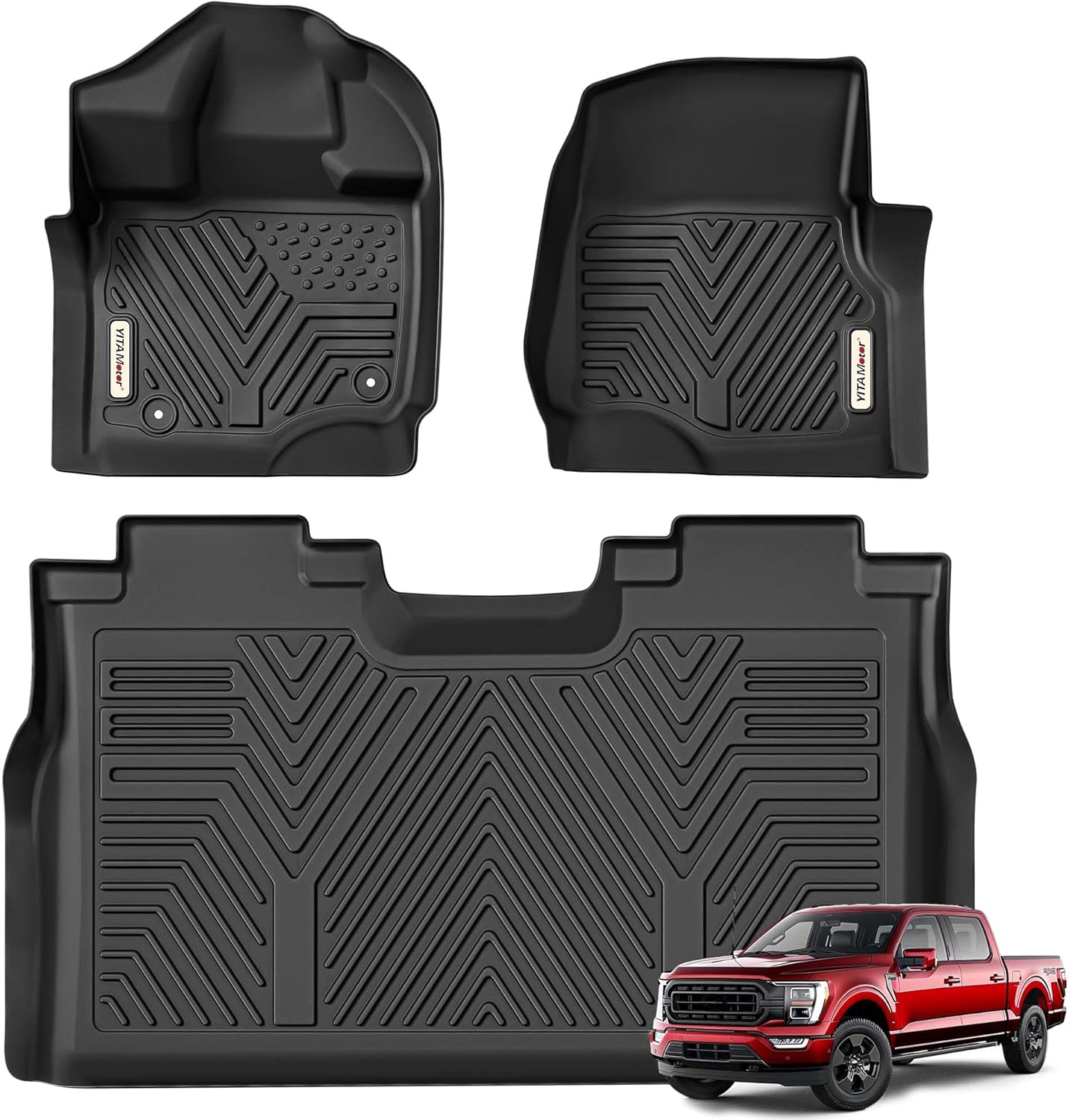 YITAMOTOR Floor Mats Fit for Ford F-150/F150 Lightning Super Crew Cab 2025-2015(Rear w/o U-Seat Flat Storage),TPE All Weather F150 Truck Mats, 1st & 2nd Row