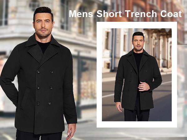 COOFANDY Fall Outfits Thin Men's Coats Double Breasted Pea Coat Winter Overcoat Short Trench Coat Notched Collar Gift Ideas
