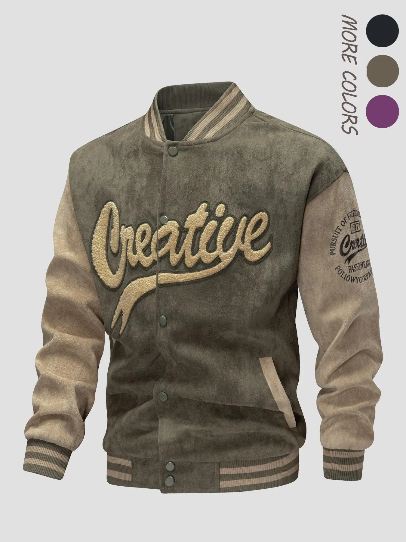 Men's Letter Embroidery Patchwork Button Front Vintage Varsity Jacket, Loose Casual Long Sleeve Mock Neck Casual Style Street Fashion Outerwear for Fall & Winter, Men's Clothes for Daily Wear