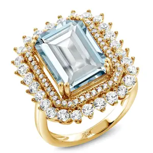 Gem Stone King Gemstone Birthstone Halo Ring For Women | 18K Yellow Gold Plated Silver | Emerald Cut 14X10MM | Wedding Anniversary Promise Statement Ring | Available In Size 5, 6, 7, 8, 9