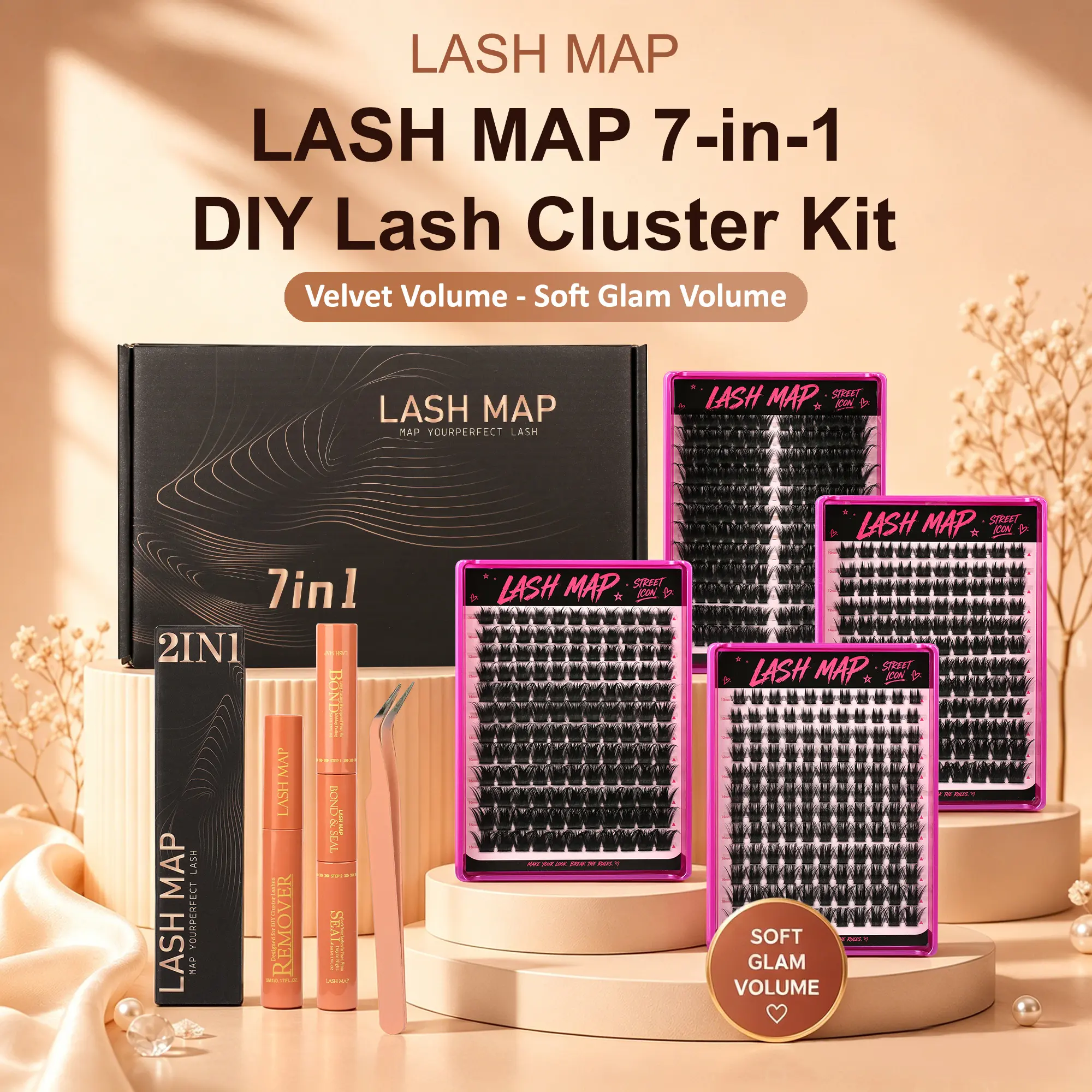 LASH MAP 7-in-1 DIY Lash Cluster Kit, 4-Style Natural Volume Lashes with Bond, Seal, Remover & Applicator