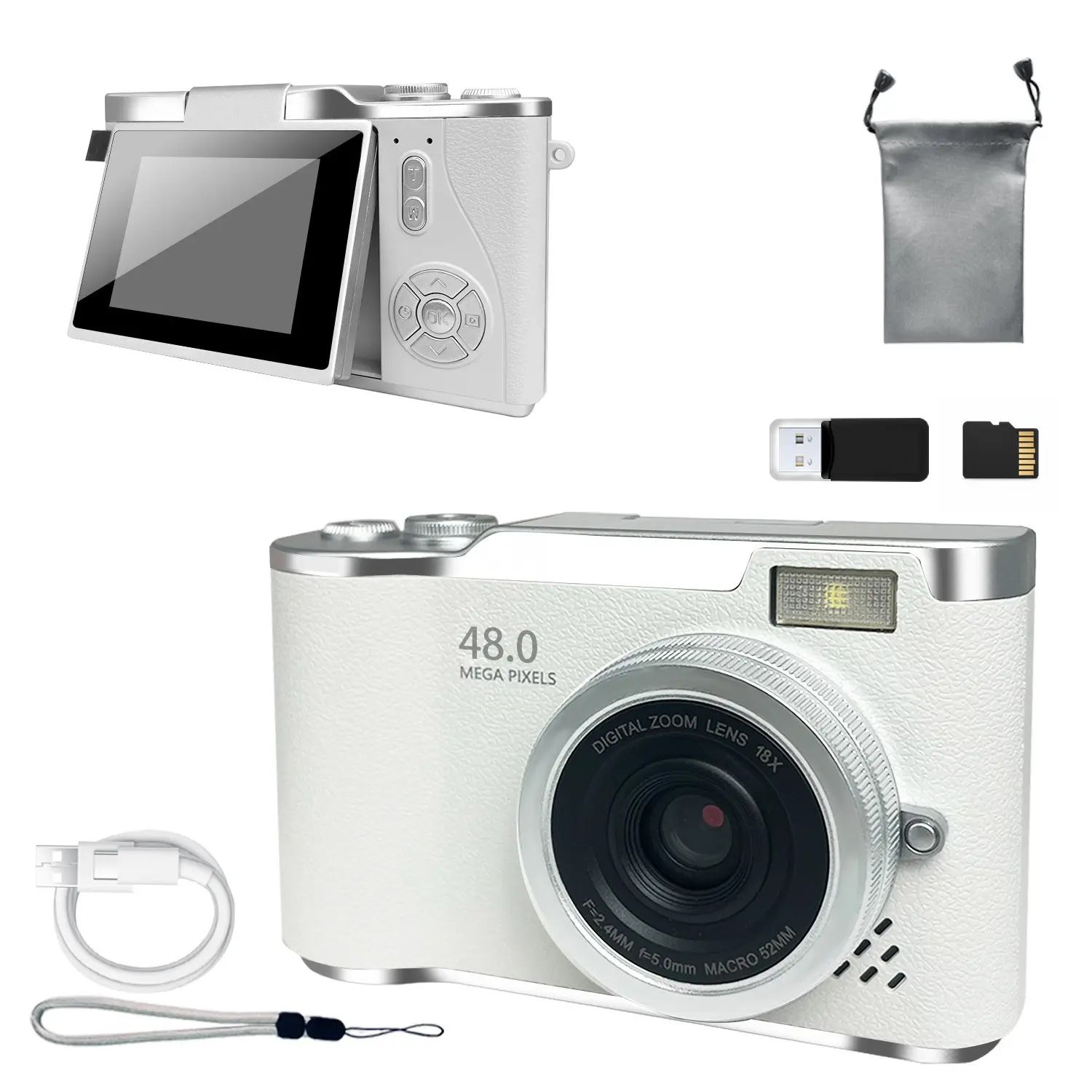 Foldable Screen Student Camera, Retro CCD Card Machine, Entry-level Digital Camera, 1080P Camera with Storage Bag & Memory Card