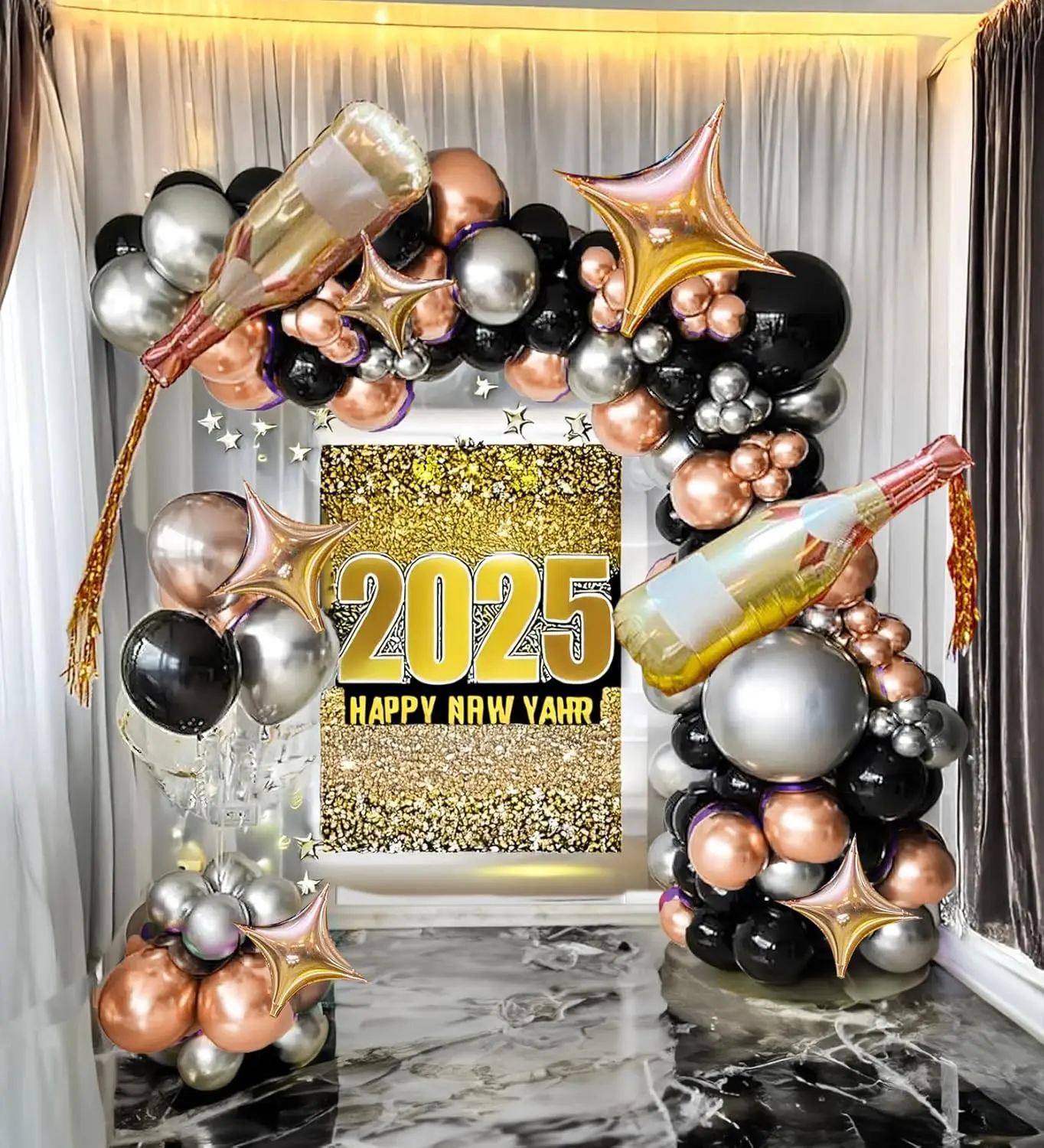 Champagne Balloon Garland Arch Kit 119 count   Black with foil Tassel Champagne mylar Balloons for 21st 30th Birthday happy Women retirement happy  year eve decorations 2025
