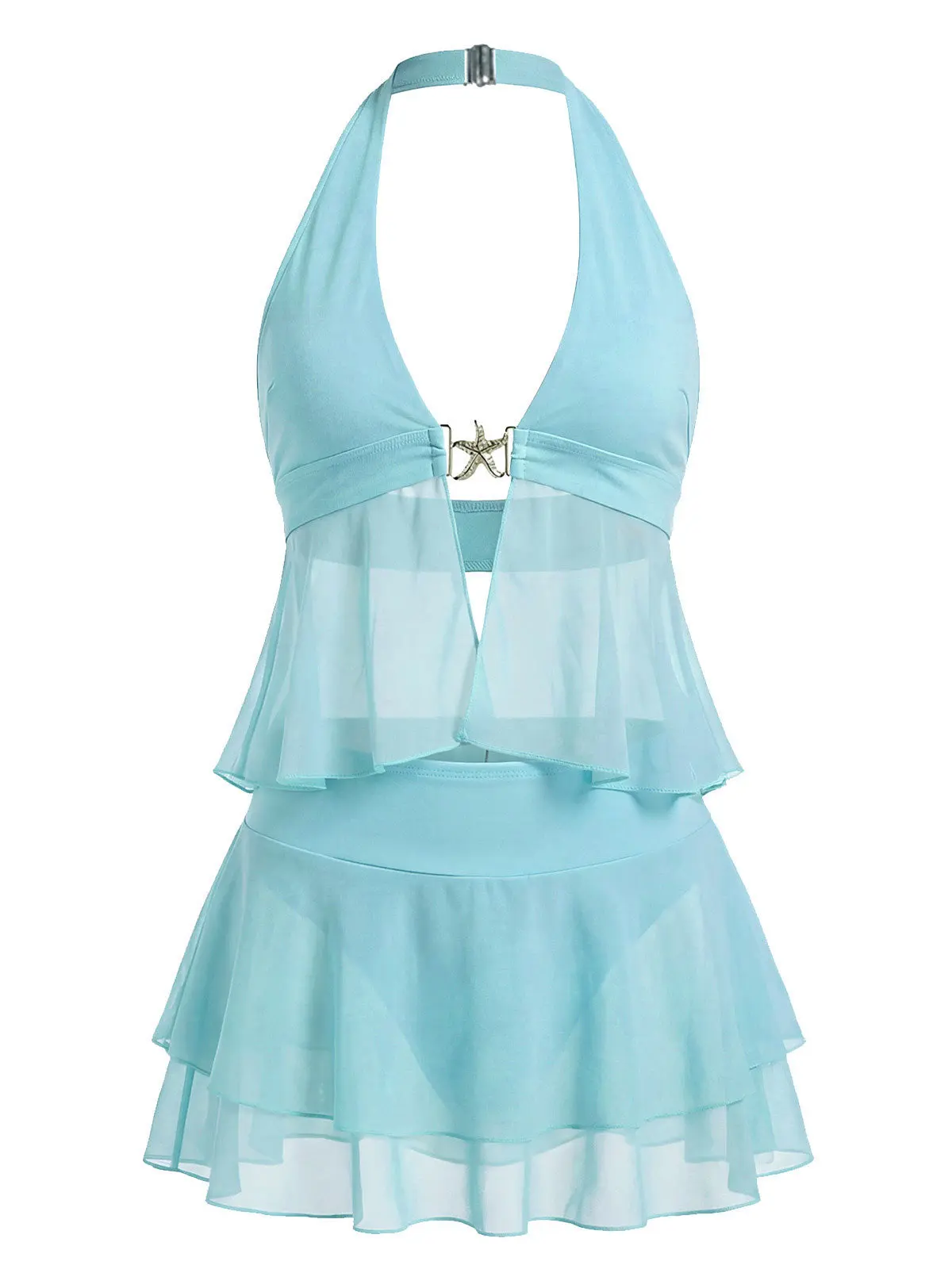 Turquoise 1950s Chiffon Starfish Halter Ruffled Tankini Setsummer outfits beach essentials vacation outfits