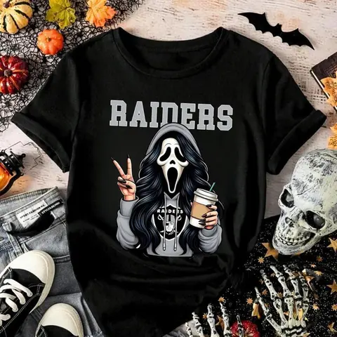 Women's Classic Casual Cotton Fabric Graphic T-Shirt - Short Sleeves, Round Neck, Coffee Lover Tee with Halloween Football Skull Graphic Print, Streetwear Top