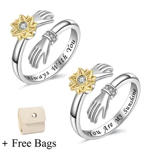 Elegant Hug Rings for Daughters & Granddaughters Silver Sunflower Design Engraved "Always With You" & "You Are My Sunshine" Anxiety Relief Jewelry + Free Bags