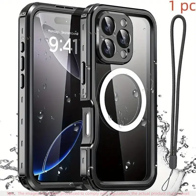 Magnetic Waterproof Phone Case with Lanyard, Shockproof Phone Protective Cover, Drop Proof Cover, Phone Accessories Compatible with iPhone 16 Pro Max 16 Plus Casing, Mobile Phone Accessory
