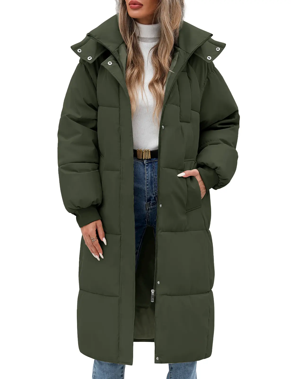 FASHORA Women Long Knee-Length Puffer Coat Stand Collar Zip Up Loose Oversized Warm Winter Quilted Padded Outerwear Jacket