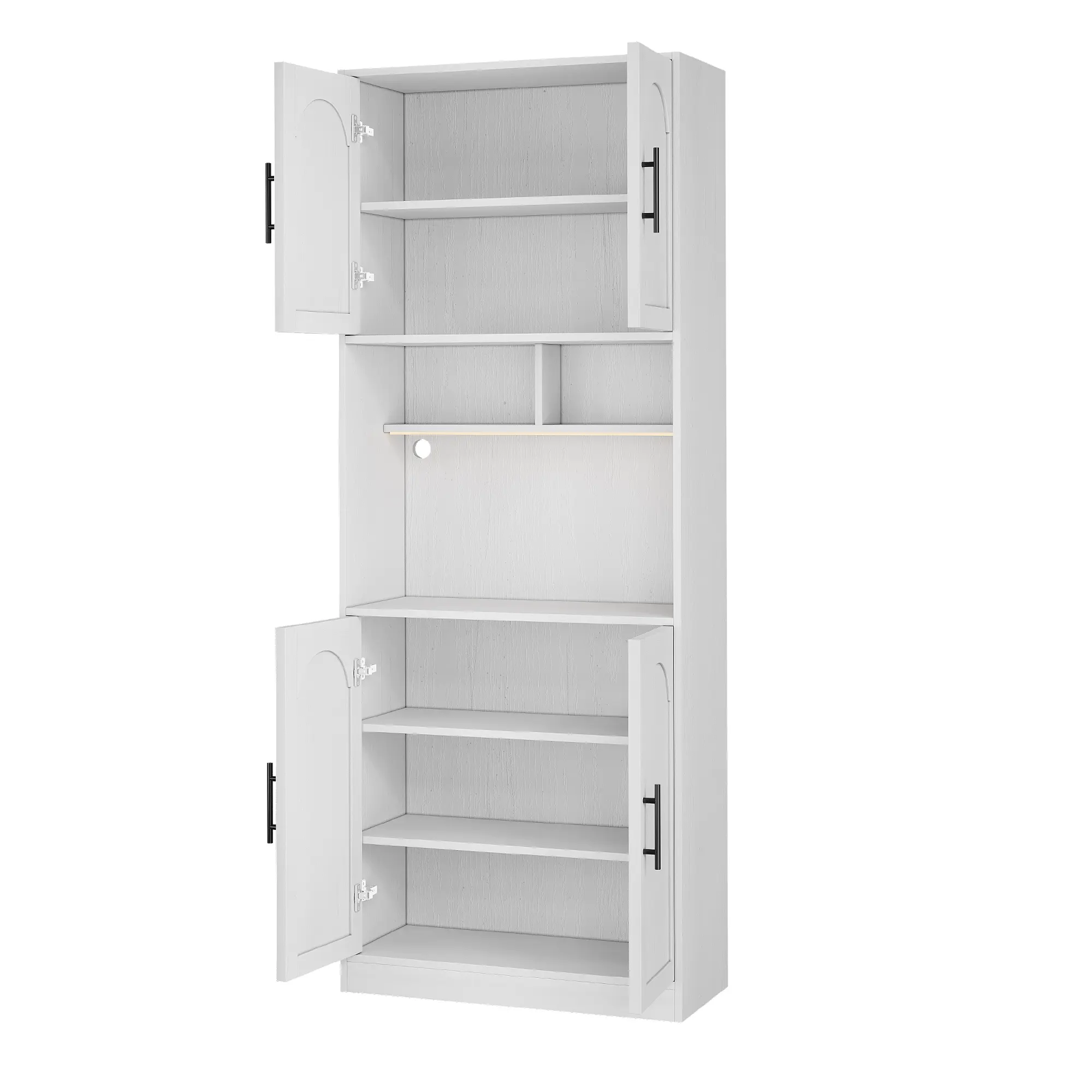 Tall Pantry Storage Cabinet with LED Lights - Freestanding Kitchen Hutch with Adjustable Shelves and Microwave Shelf - Versatile Modern Farmhouse Cupboard - For Dining Room, Bathroom, Living Room