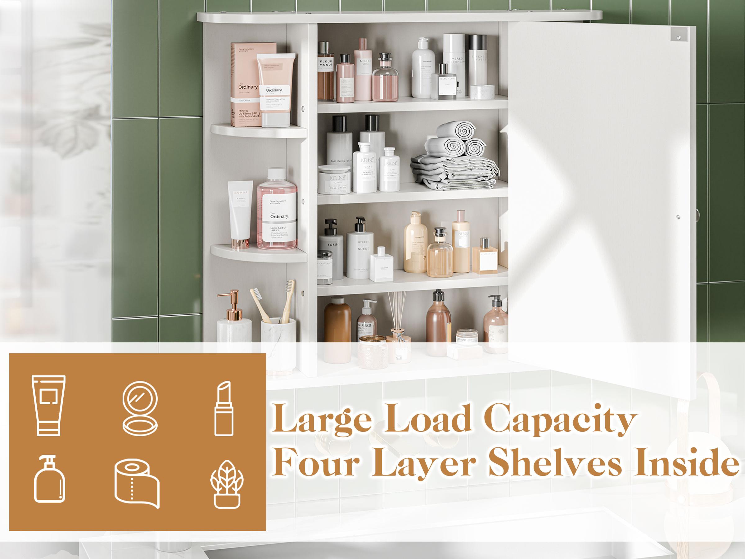 Walsunny Bathroom Medicine Cabinet with Mirror, Wall Mounted Storage Cabinet, Mirror Door & 6 Open Adjustable Shelves, Bathroom Wall Organizer, White