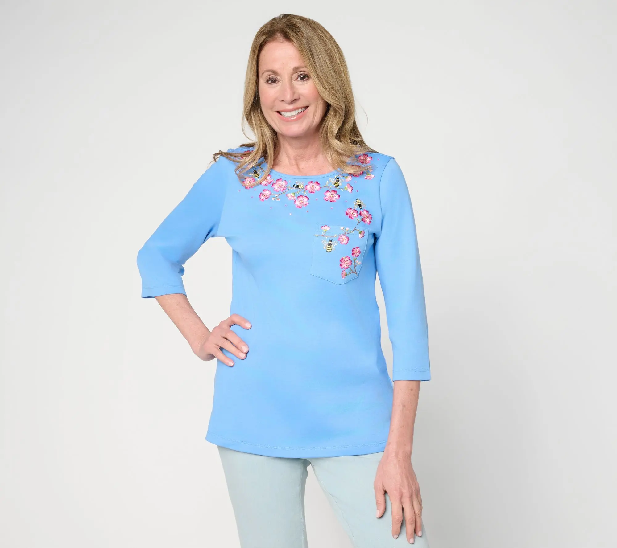 Bee-utiful Cherry Blossoms 3/4 sleeve Pocket Top