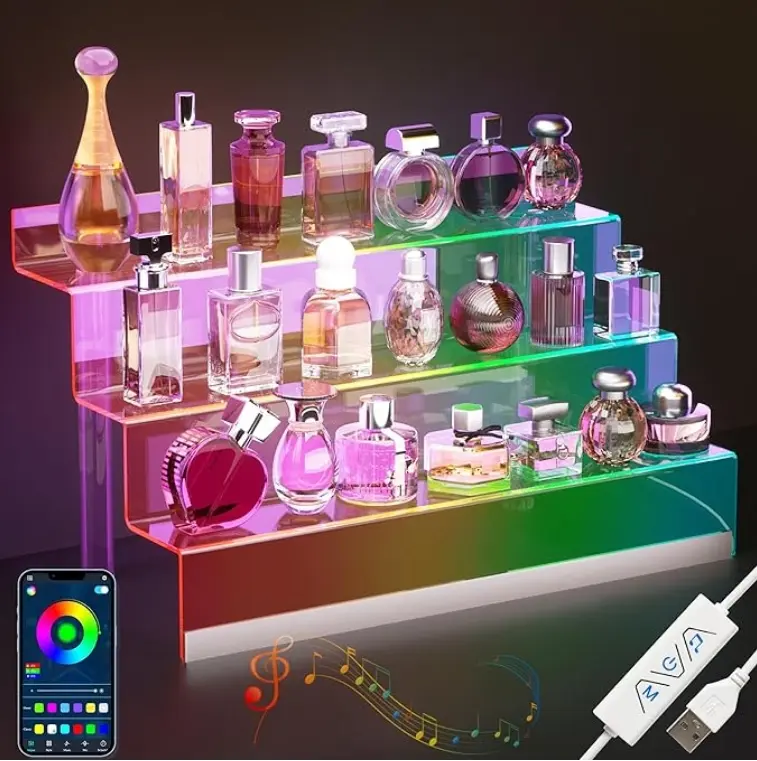 16” Acrylic Display Organizer with LED Light - 3 Tier Perfume Stand and Display Step Shelves Holder, Cologne Organizer for Men, Figures Stand, Porta Perfumes Para Tocador, Clear Riser, Dessert Shelf，father's day gifts