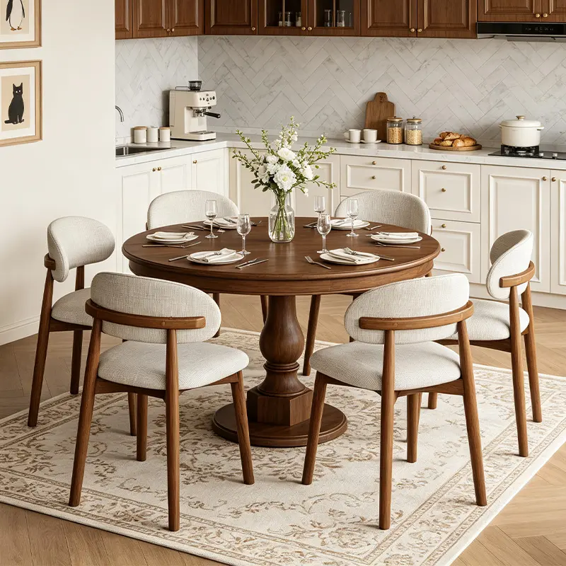 Modern solid wood dining table and chairs with a stable, non-slip design; cream linen upholstery kitchen dining chair without armrests; walnut wood frame with an arched backrest; casual chair paired with a rectangular dining table; suitable for restaurant