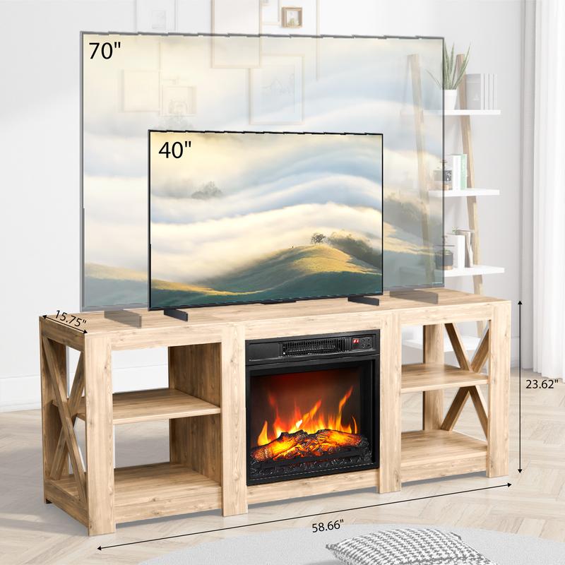 Fireplace Media Console Table for Living Room, Fireplace TV Stand for up to 70'' TVs, Modern Entertainment Center with 18'' Electric Fireplace Heater
