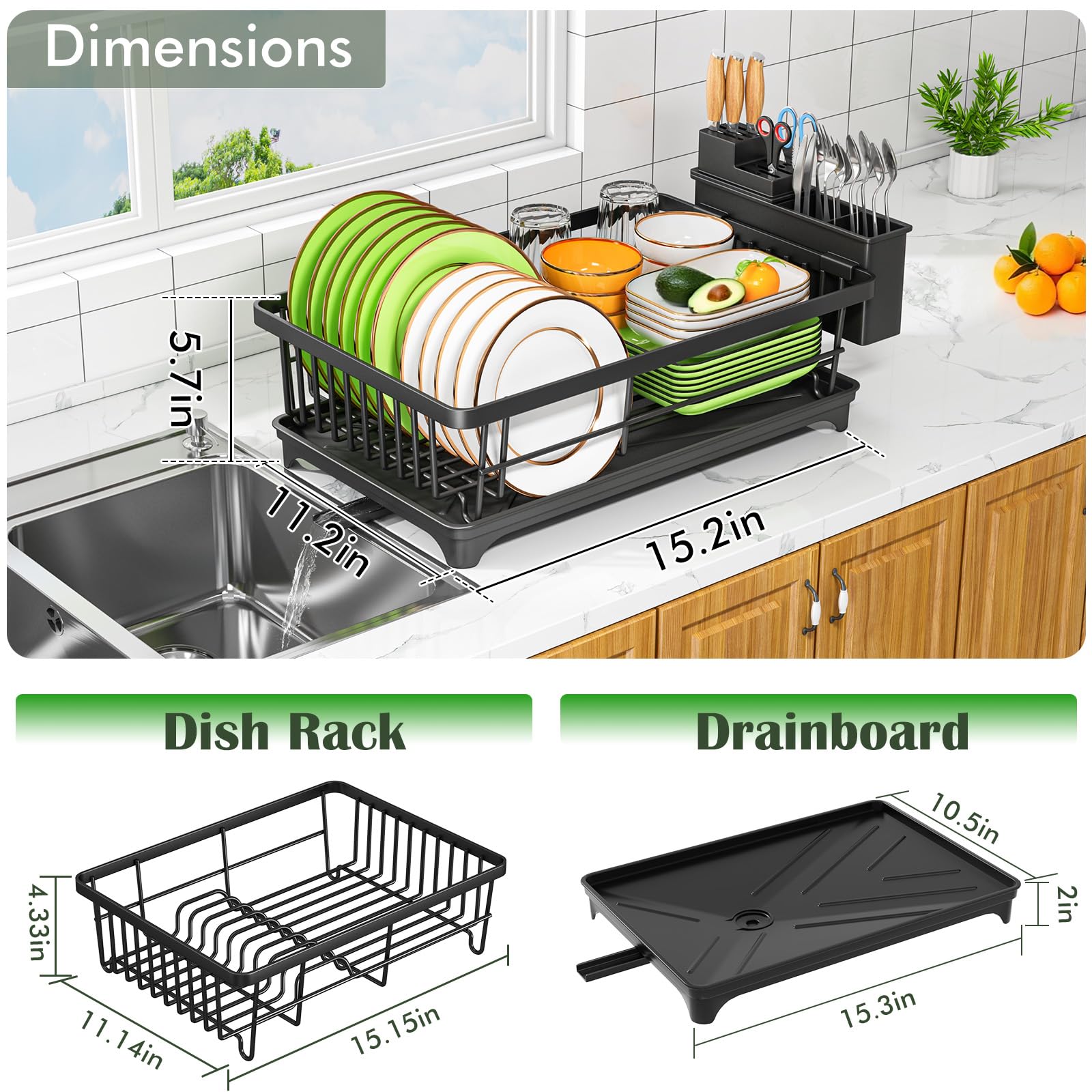 Compact Dish Drying Rack - Small Kitchen Counter Rack, Rust-Resistant Metal, Space-Saving Drainer with Removable Utensil Holder, Black