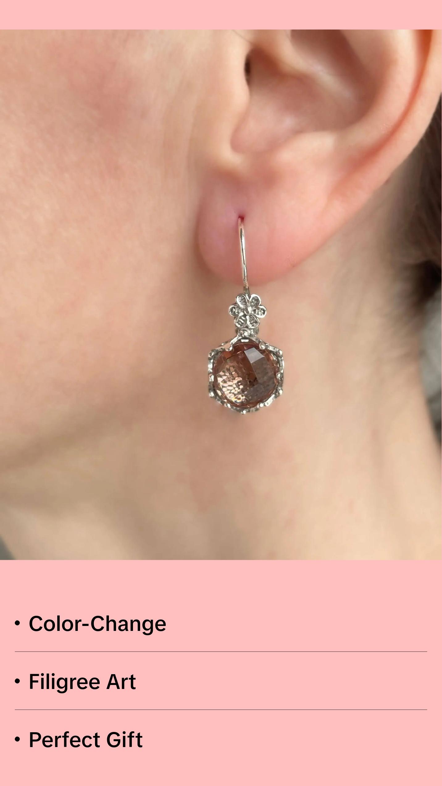 Filigree Art Alexandrite Gemstone Women Sterling Silver Drop Earrings