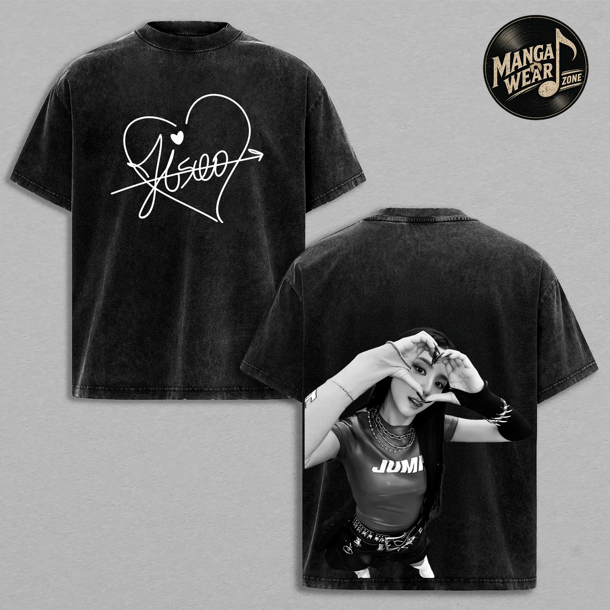 JISOO Heart Signature Vintage Washed T-Shirt K-Pop Fan Shirt Oversized Streetwear Graphic Tee Heavy Cotton Unisex Gift For Fans