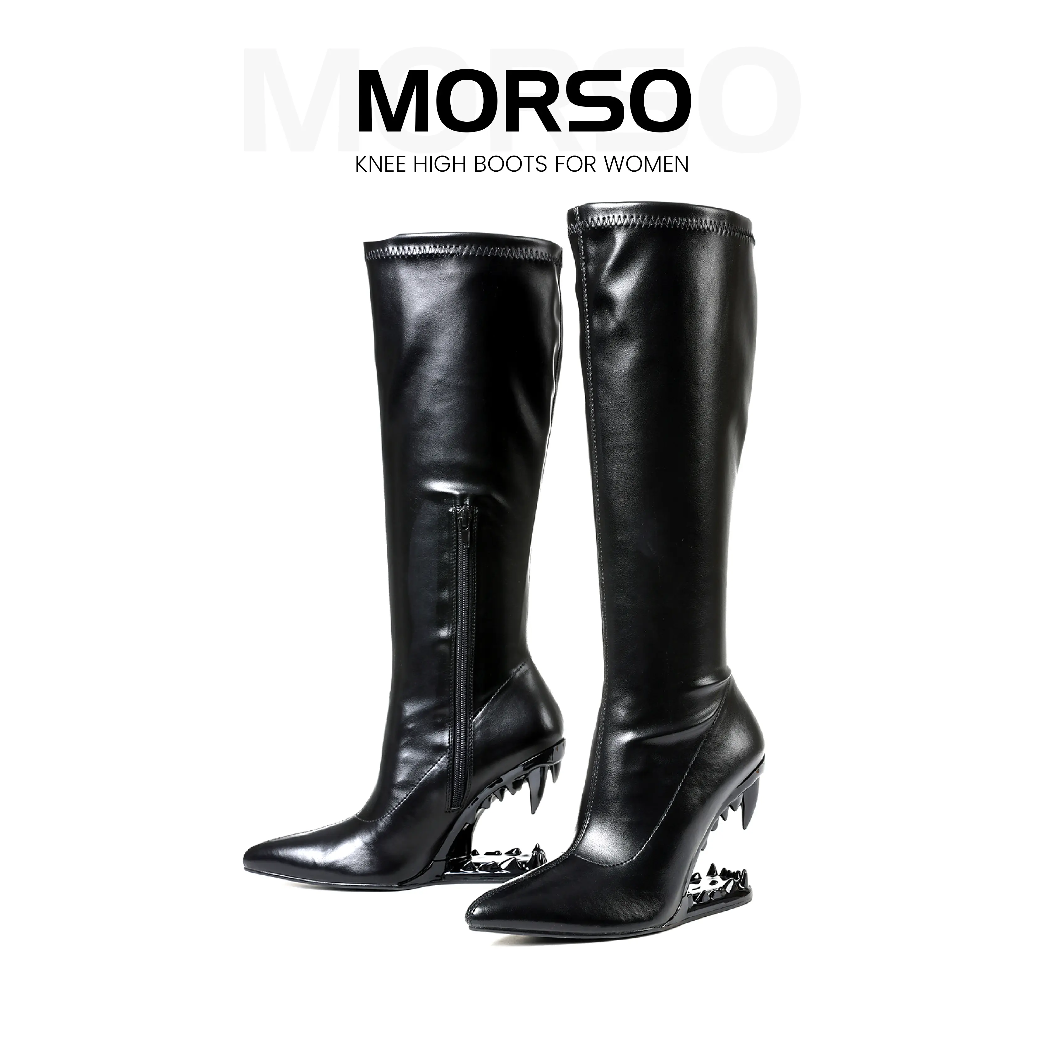 CYNLLIO Morso Knee High Boots for Womens Gothic Metalic Heeled Closed Pointed Toe Boots Tiger Teeth Elegant Hollow Shaped Heeled Side Zipper Fashionable Shark Teeth Goth Tall Boot Parties Concerts Club Out Going Summer Dressy Shoes