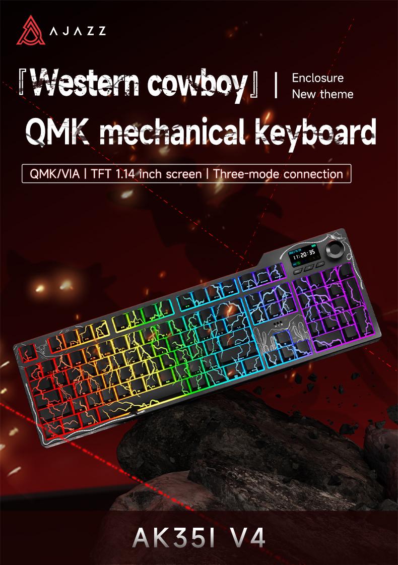 Ajazz AK35I V4 QMK Full-Size Wireless Ergonomic Mechanical Gaming Keyboard with Rotary Knob and Smart Screen Numeric Keypad. The perfect choice for both gaming and office use. Cream-colored keyboard. Christmas gift.
