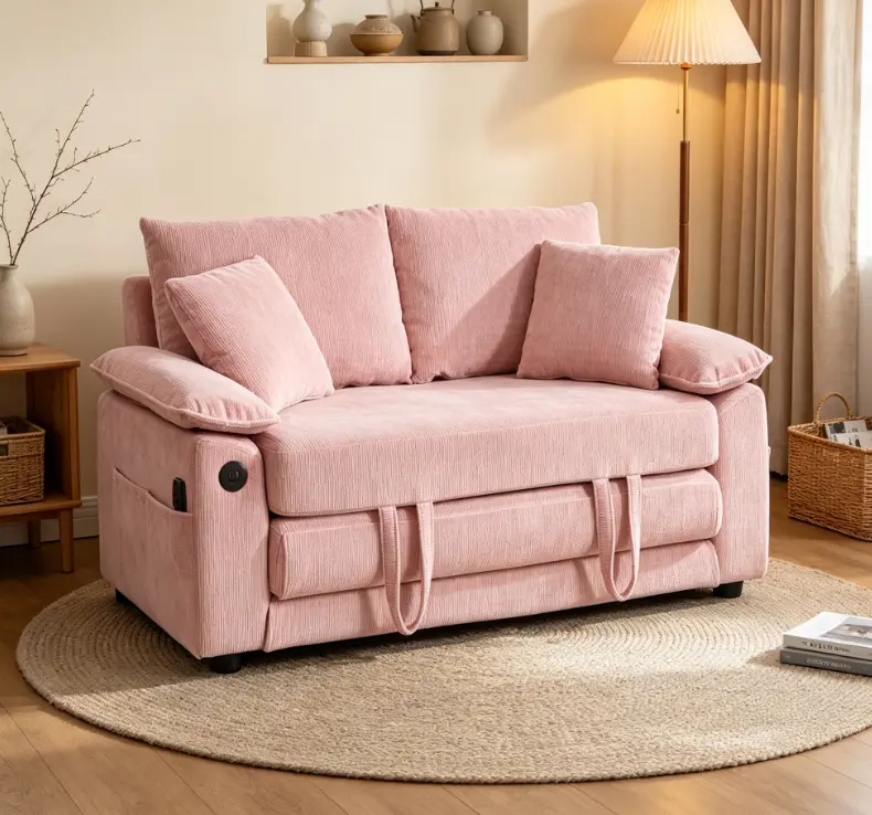 58-in 3-in-1 Upholstered Futon Sofa Bed, Foldable Tufted Loveseat with Pull-Out Sleeper & Side Pockets, Convertible Floor Daybed for Living Room Furniture
