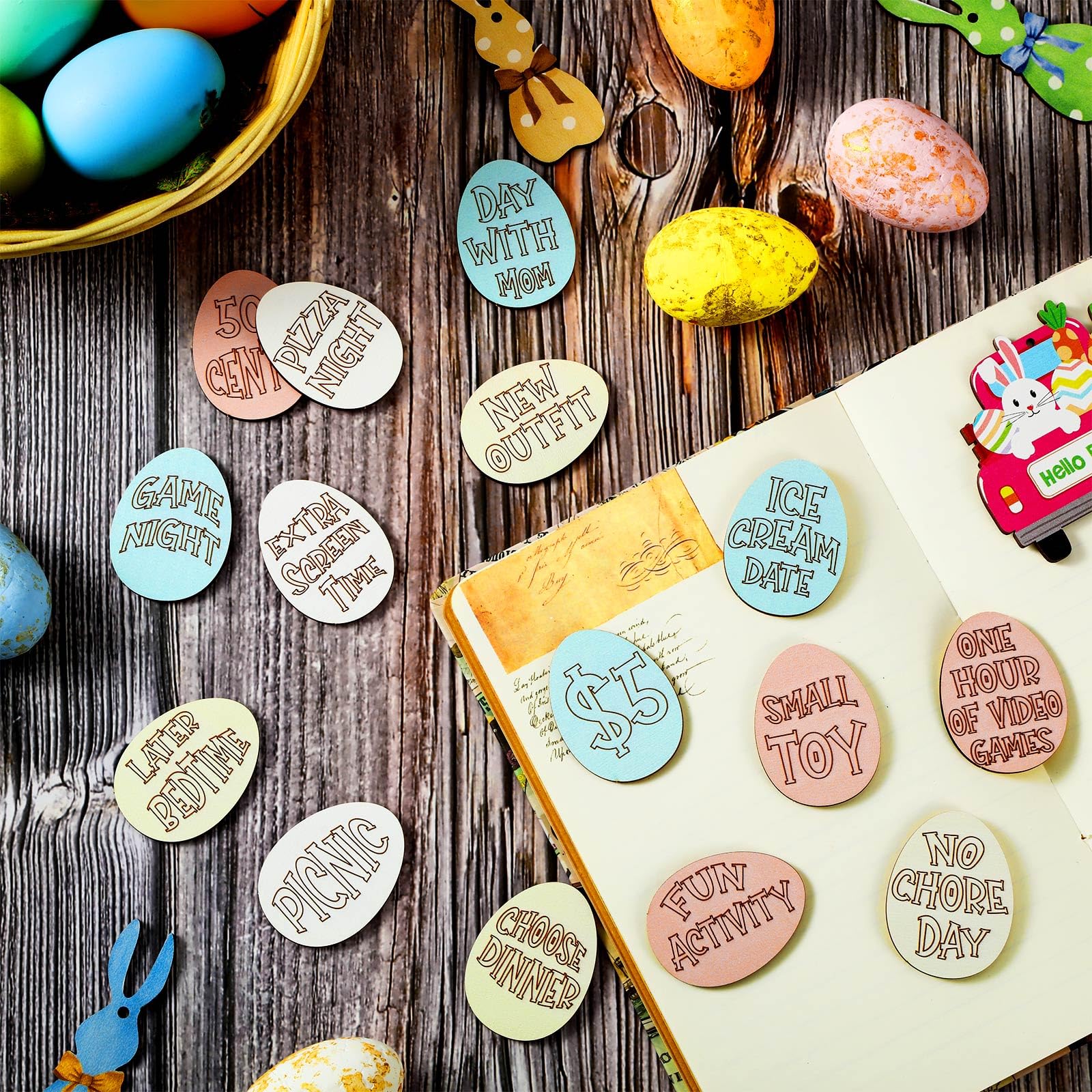 Easter Egg Tokens 30/120 Pcs Reusable Wooden Reward Tokens with 20 Engraved Sayings + 4 Gift Bags - Kids Teens Classroom Prizes Non-Candy Easter Basket Stuffers Spring Party Supplies Set