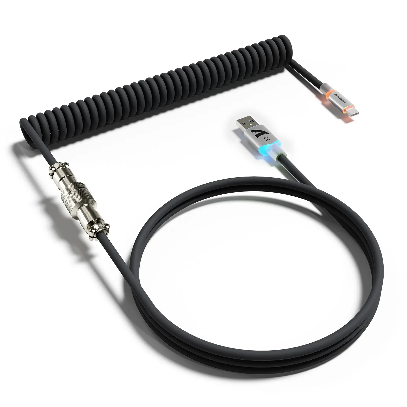 ATTACK SHARK C01 ULTRA Coiled USB C Compatible Cable Double Sleeved with RGB Light Plug,Detachable Metal Aviator,Type-C to USB-A Mechanical Gaming Keyboard Cable for Win Mac PS4 Xbox Switch Printer Tablet, USB Data Cable USB Cord Detachable Cables