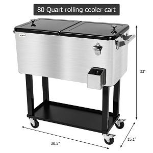 VINGLI 80 Quart Rolling Ice Chest on Wheels, Portable Patio Party Bar Drink Cooler Cart, with Shelf, Beverage Pool with Bottle Opener,Water Pipe Fathersdaygift