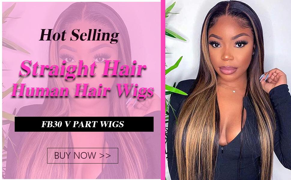 Mamushow Highlight V Part Wigs Human Hair Straight Ombre Brown Upgrade U Part Wigs 180% Density Glueless Full Head Clip In Half Wigs #FB30