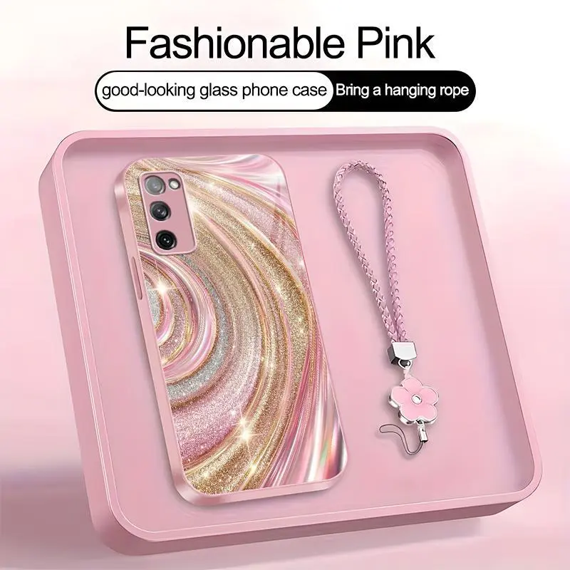 Luxury Rose Gold Swirl Phone Case with Flower Lanyard, Glitter Pink Art Aesthetic Cover for Galaxy S20 FE — 975