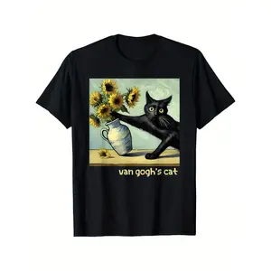 Van Gogh-Inspired Black Cat with Sunflowers Art T-Shirt, 100% Cotton, Funny & Stylish Crewneck Short Sleeve for Men, Women, Mom & Friends, Regular Fit, Sizes S-XXXL, Black Casual Fashion Shirt