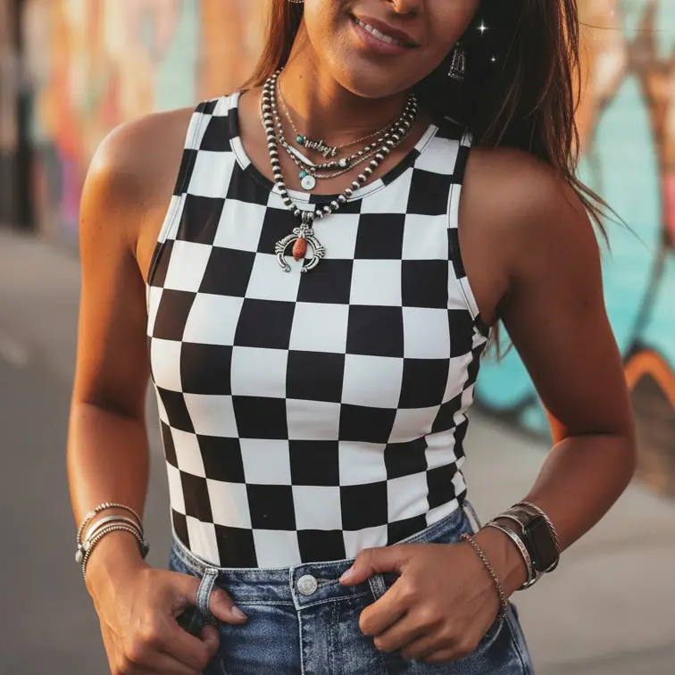 Classic Checkerboard Print Sleeveless Top, Cute Aesthetic Summer Shirt for Women, Versatile Casual Wear