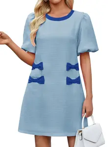 Wenrine Women’s Summer Mini Dress Casual Tweed Short Sleeve Bow Work Business Dresses with Pockets