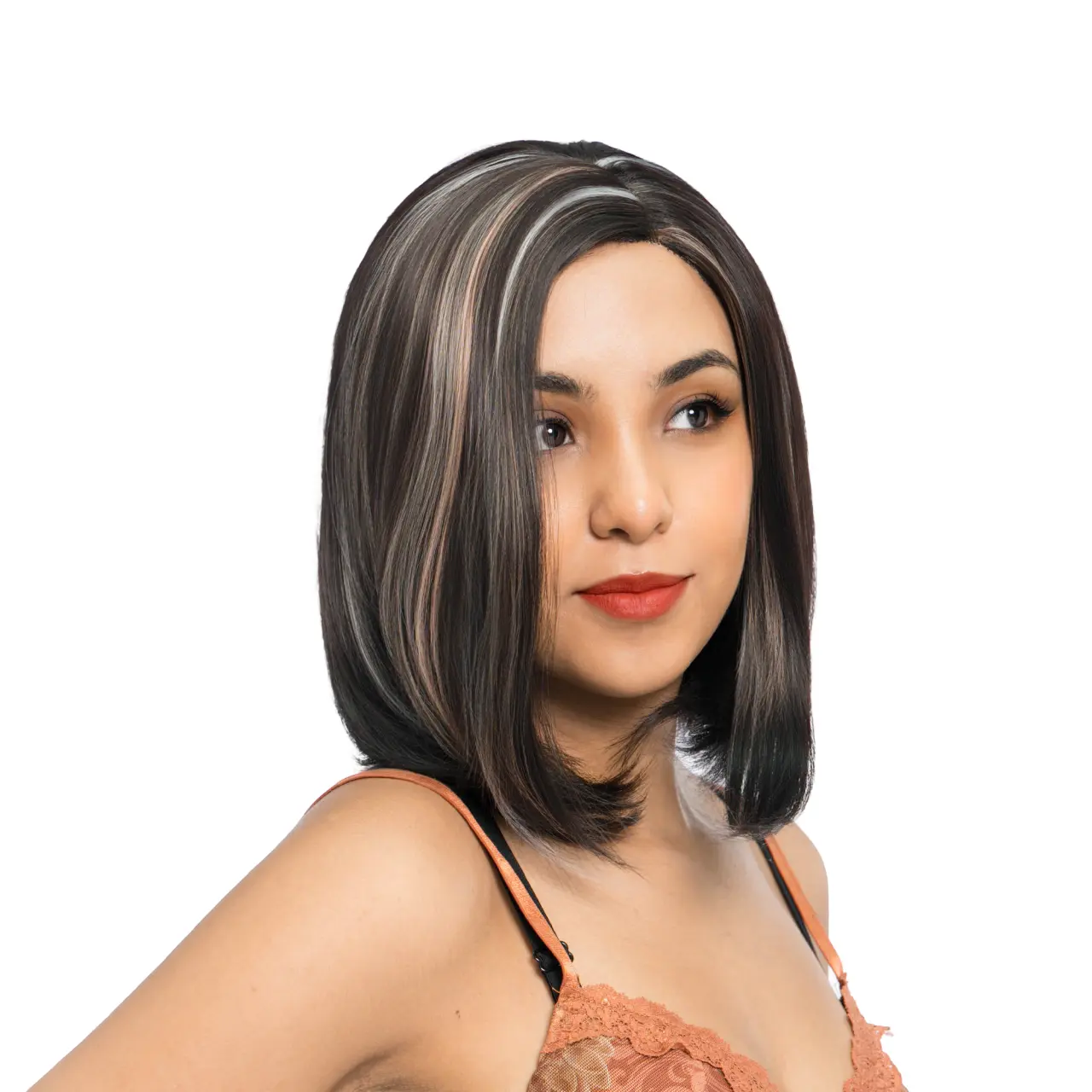 13-inch Brunette Darkest Cherry Blend (White & Vanilla Blonde Highlights) Asymmetrical A-Line Long Bob (Side Part) Lace Front Synthetic Wig | 【Heat Resistant】【Cap Included】 | 52FSGC