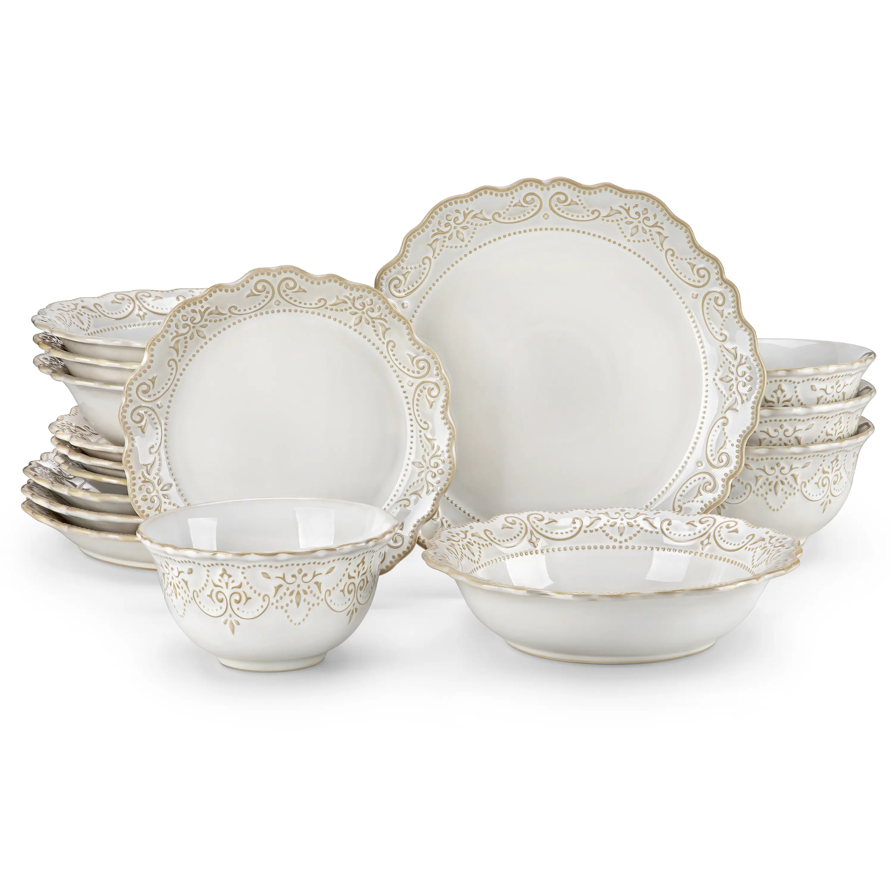 MALACASA GISELLE 16 Piece Ceramic Dinnerware Set - Elegant Blue & White Embossed Vintage Design Cutlery, Dishwasher Safe, Bowls and Plates Tableware Set for Formal Dining & Luxury Serving