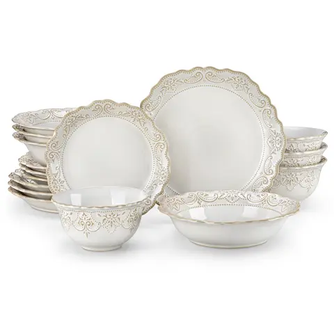 MALACASA GISELLE 16-Piece Set Lead-Free BPA-Free Ceramic Stoneware Dinnerware - Adult, Irregular Edge, Blue & White Embossed, Smooth Glaze, 10.25" Dinner Plates, 24oz, Oven/Dishwasher-Safe, Formal Dining, Luxury Gift-Ready Packaging