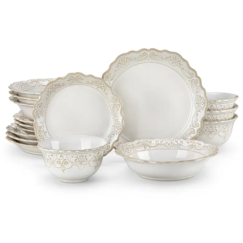 MALACASA GISELLE 16-Piece Set Lead-Free BPA-Free Ceramic Stoneware Dinnerware - Adult, Irregular Edge, Blue & White Embossed, Smooth Glaze, 10.25" Dinner Plates, 24oz, Oven/Dishwasher-Safe, Formal Dining, Luxury Gift-Ready Packaging