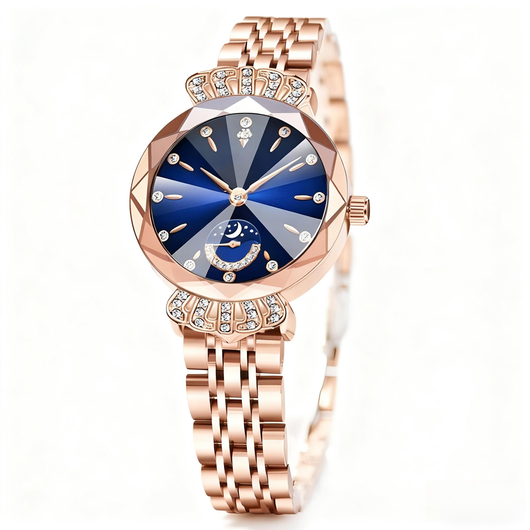 [Mother's Day Gift] Elegant Women's Wristwatch with Moon Star Sun Dial, Faceted Crystal Accent, Stainless Steel Band, Anniversary Gift for Her