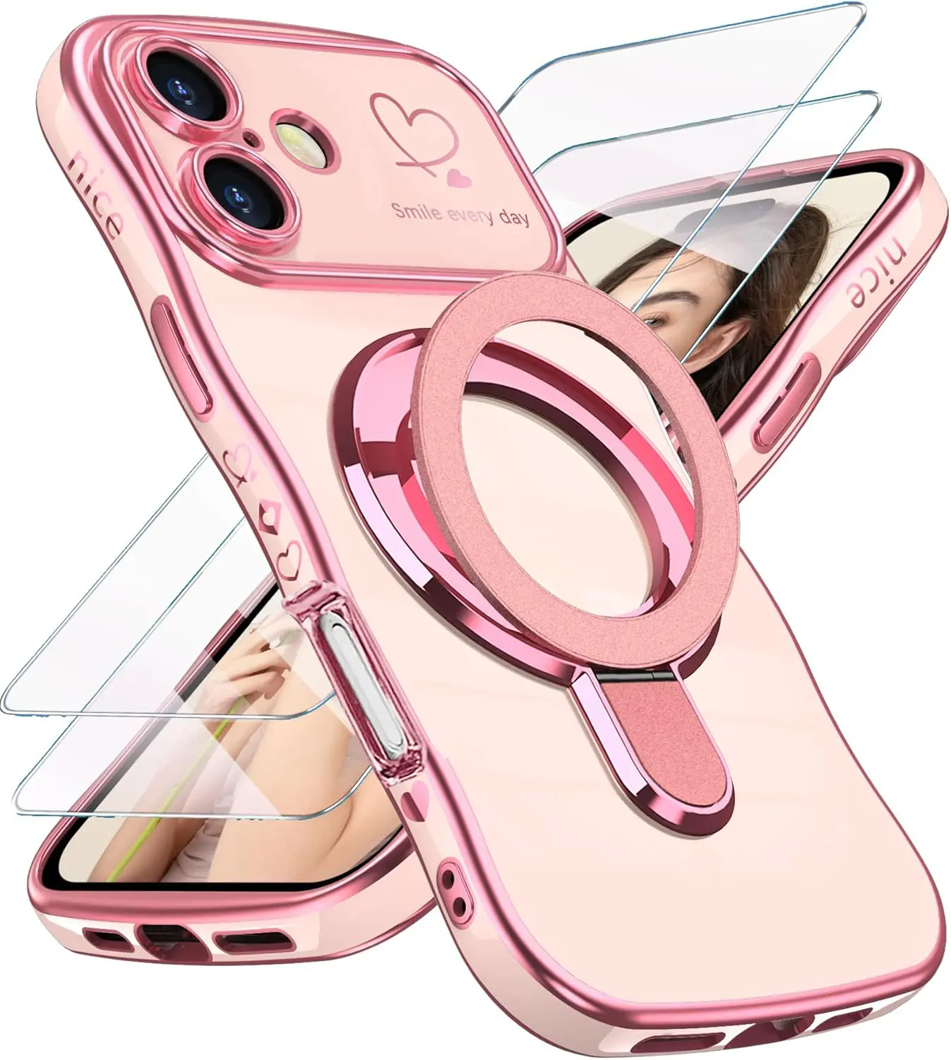 for iPhone 17 Love Heart Kickstand Case with 2X Screen Protector: Luxury Plated Gold Edge Slim Soft TPU Shockproof Protection Case Cover for iPhone 17 (Pink)