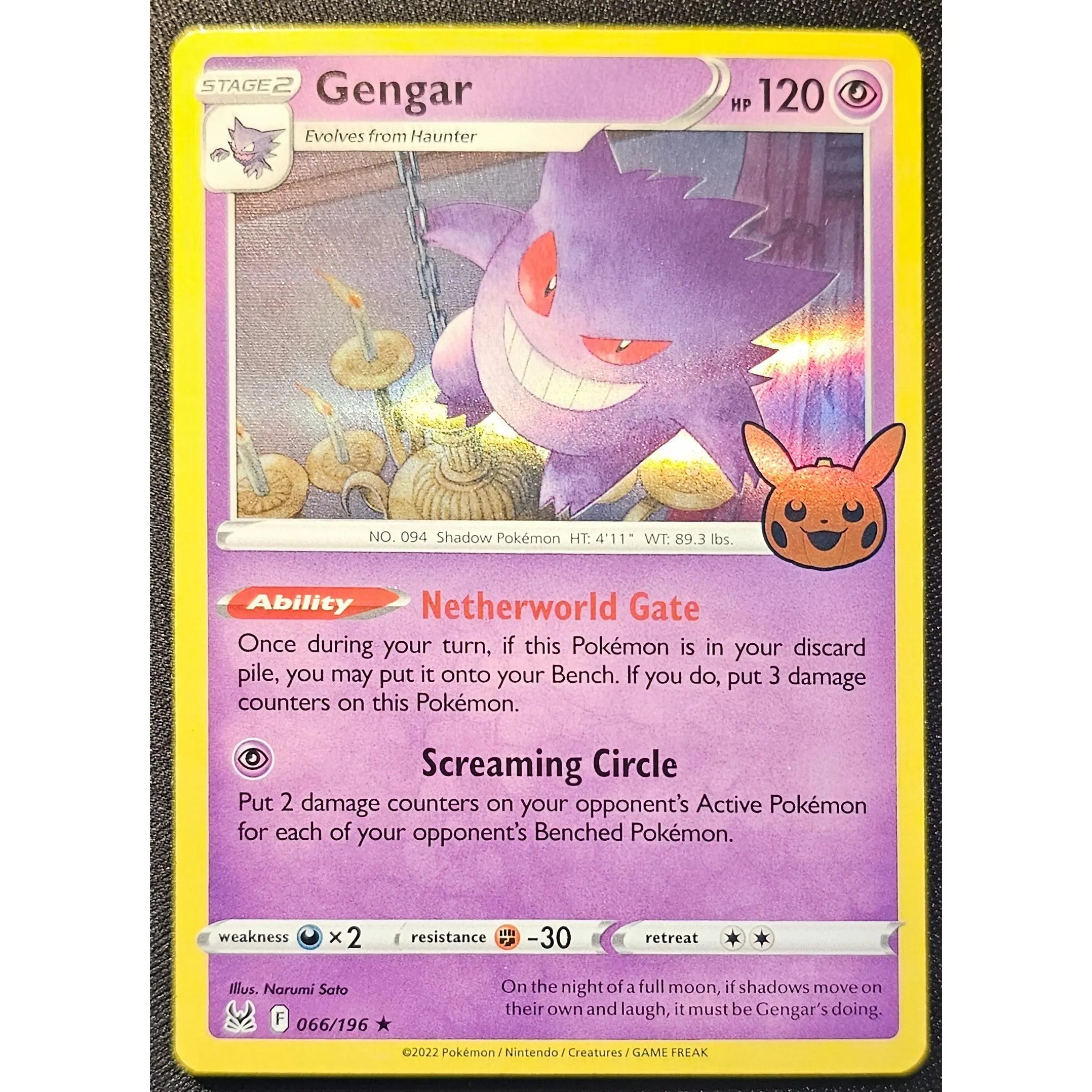 Rare Pokemon Gengar Non-Sports Trading Card - 066/196 Stamped Holo Variant, 2022 Trick or Trade Event, Collector's Edition, Ghost-Type with Unique Ability & Attack