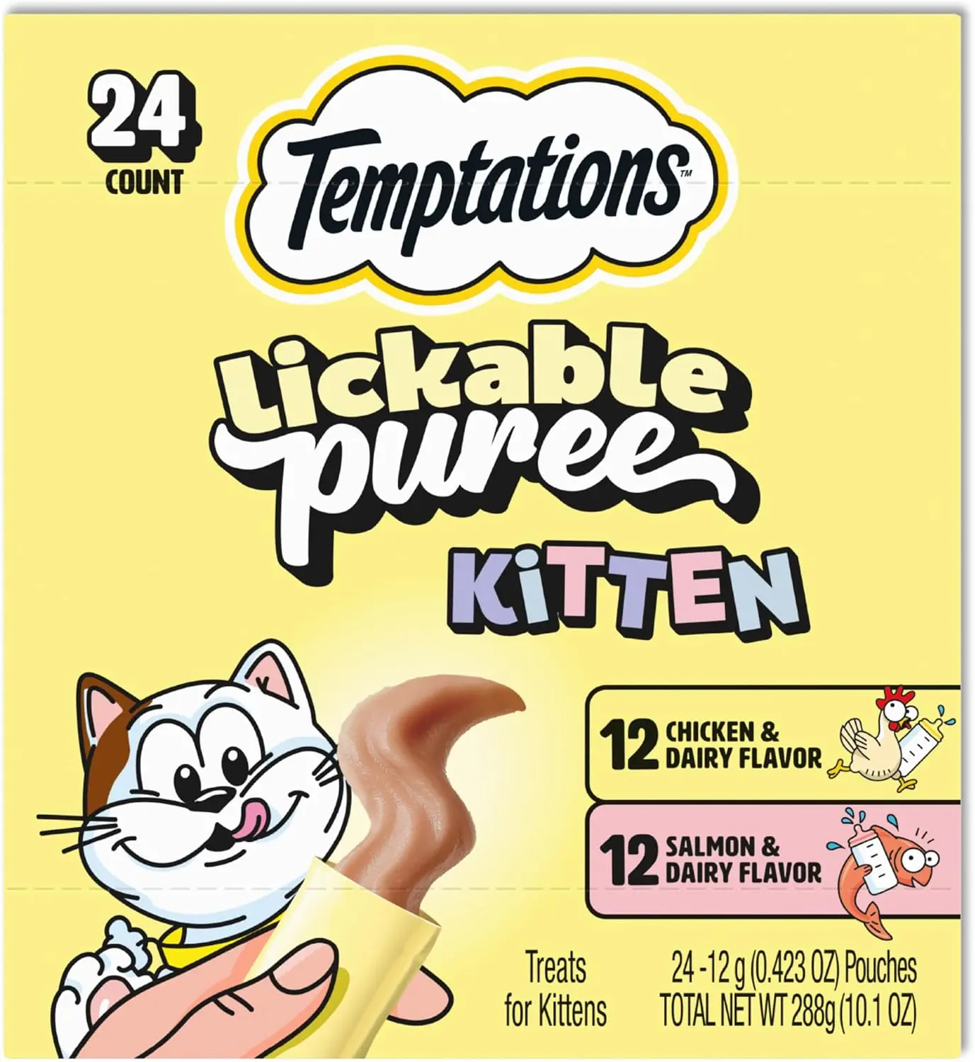 Temptations Lickable Puree Kitten Cat Treats, Chicken & Salmon, 24 Count Chicken & Salmon, DHA supports brain development, high moisture for hydration, under 15 cal/pouch, no added sugar or fillers